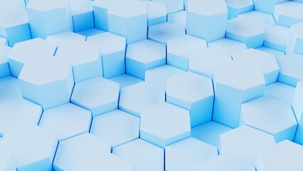 Abstract background with waves made of soft blue futuristic honeycomb mosaic geometry primitive forms that goes up and down under white back-lighting. 3D illustration. 3D CG. High resolution.