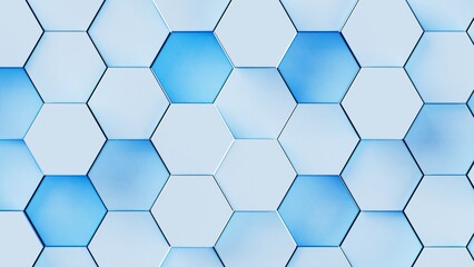 Abstract background with waves made of soft blue futuristic honeycomb mosaic geometry primitive forms that goes up and down under white back-lighting. 3D illustration. 3D CG. High resolution.
