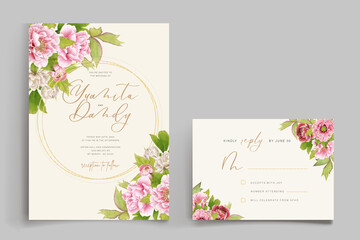 beautiful peony floral and leaves invitation card set