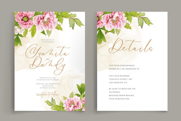 beautiful peony floral and leaves invitation card set