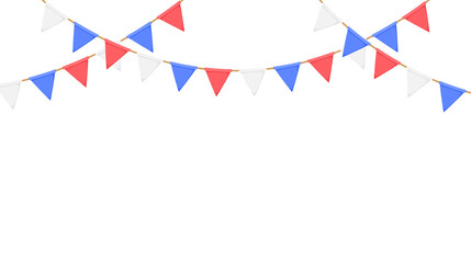 Obraz premium Flag garland. White, blue, red pennants chain. Party bunting decoration. Triangle celebration flags for party decor. Vector