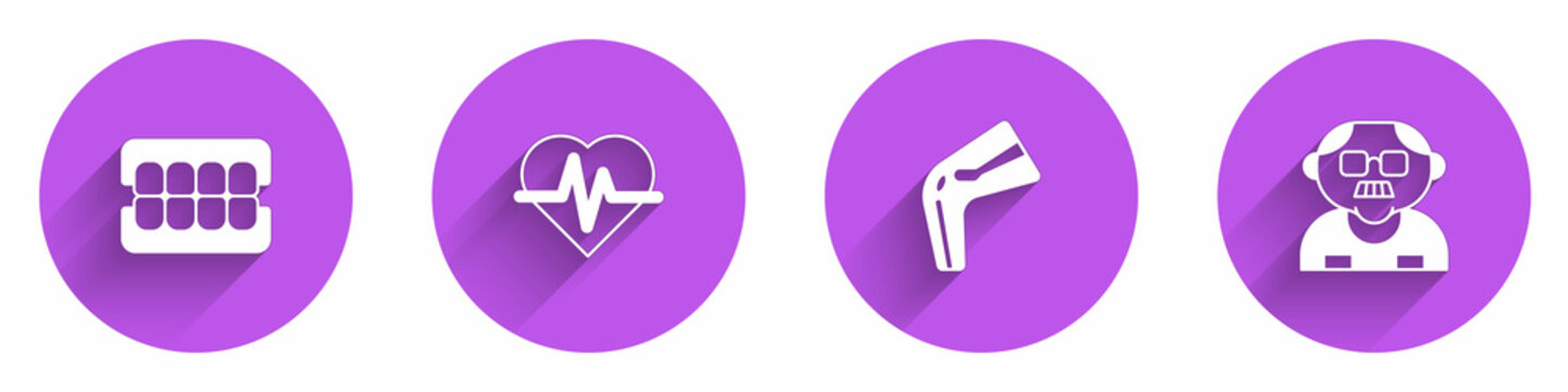 Set False Jaw, Heart Rate, Bone Pain And Grandfather Icon With Long Shadow. Vector