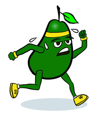  Avocado mascot running. Vector Illustration of Fruit Character Walking Fast and Sweating. isolated on white background.