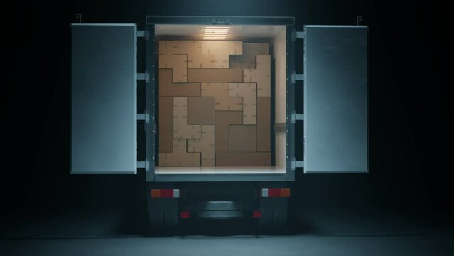 Packages arrange in a delivery truck like a puzzle game. Ready for shipment 4KHD