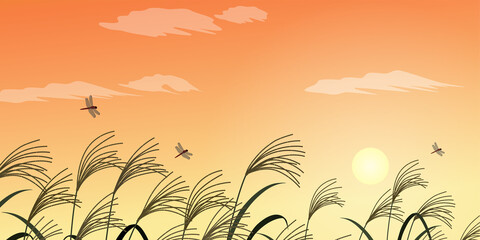 夕焼けのススキとトンボのシルエット風景_背景（2：1）_ベクターイラスト © あ こ