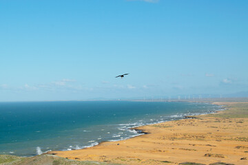 Fototapeta na wymiar Panoramic view of the Cape of the sail landscape, a beautiful place in the north of Colombia where sea and desert meet