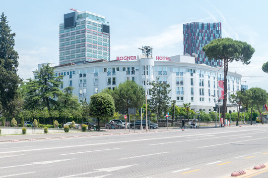 Tirana, Albania - June 4, 2022: Rogner Hotel in city center of Tirana.