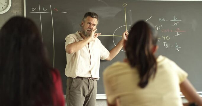 Male Caucasian teacher giving a math lesson explaining the lesson in a class with students. High school