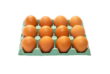 isolated photo of a dozen of brown eggs in a carton in green color