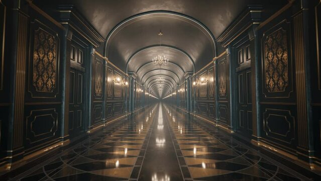 Beautiful dark baroque corridor with gold decor. Seamless looping animation. 4K