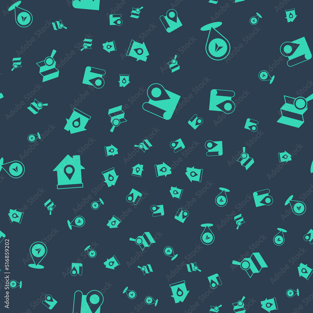 Poster set folded map with location marker, map pin, location house and search on seamless pattern. vector