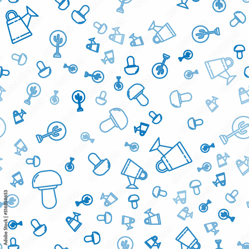 Poster set line mushroom, watering can and tree on seamless pattern. vector