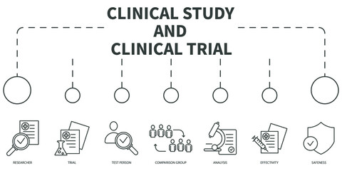 clinical study and clinical trial Vector Illustration concept. Banner with icons and keywords . clinical study and clinical trial symbol vector elements for infographic web
