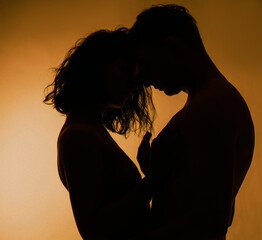 silhouette of a couple. Couple in love. Sensual. Man and woman posing. Shadow. Erotica. Romantic