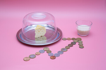 small glass of milk with slice of cheese with graph of price increase written with coins