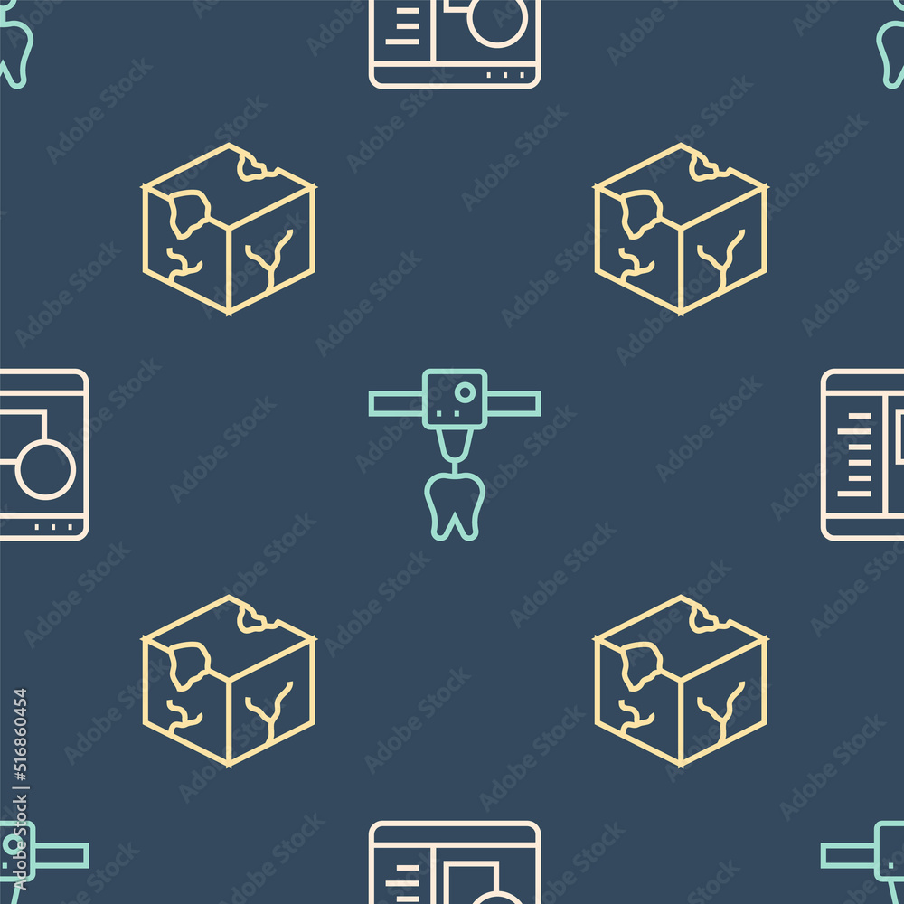 Poster set line 3d printer software, isometric cube and tooth on seamless pattern. vector