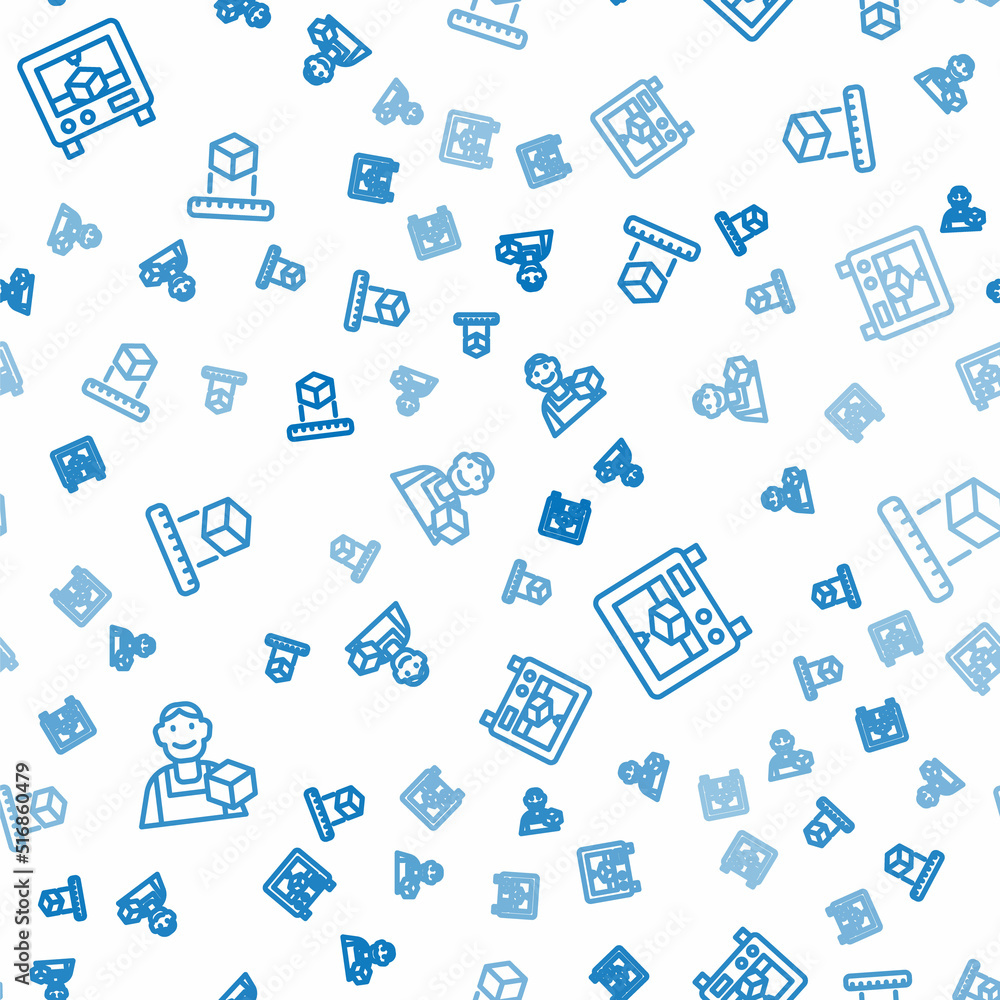 Aufkleber set line graphic designer, 3d printer and isometric cube on seamless pattern. vector