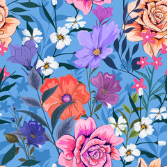 Elegant colorful seamless pattern with botanical floral design illustration. 