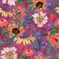Elegant colorful seamless pattern with botanical floral design illustration. 