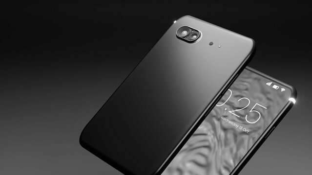 3D Product Render of Two Black Iphones against a Black Background with screen and camera visible