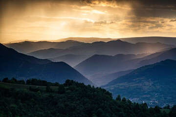 Fototapeta na wymiar banner of mountain peaks in beautiful sunset light