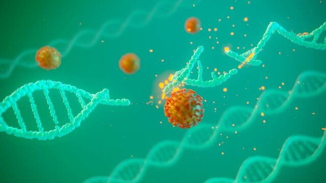 Animation of DNA double helix destroyed by aggressive virus cells. 3D render 4K