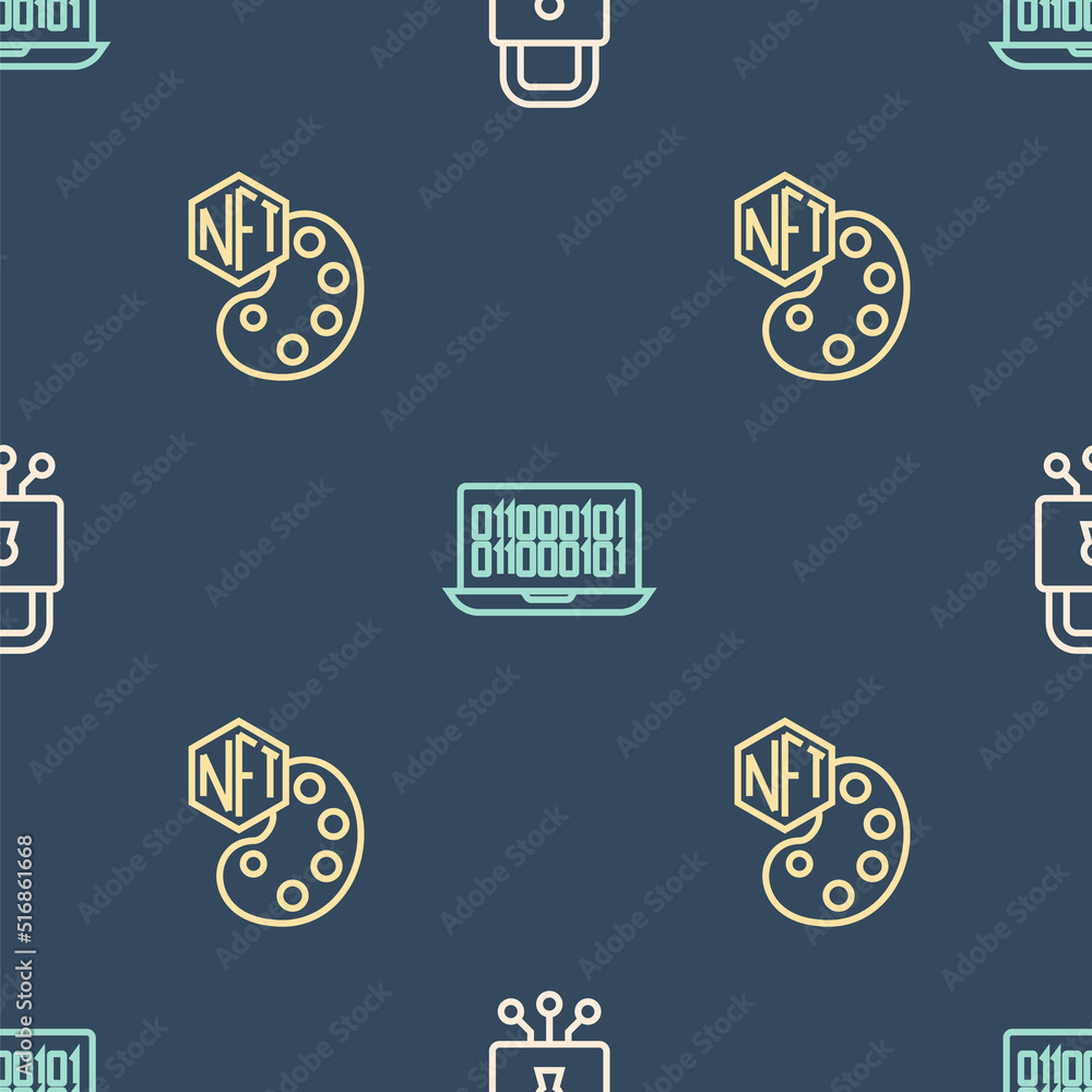 Poster set line cyber security, nft digital crypto art and binary code on seamless pattern. vector
