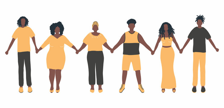 Black people holding hands. Silhouettes of black men and black women. Stronger together concept. Solidarity of different men and women. Different human silhouettes. Vector illustration.