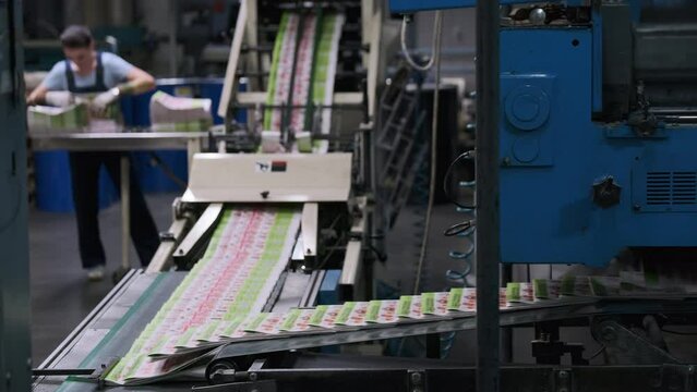 Conveyor belt with brochures near worker