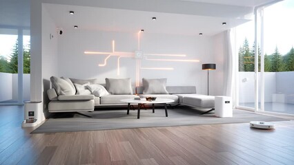 The smart home animation. Central HUB with beams connected to many smart devices