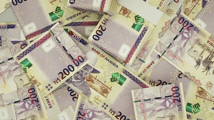 3D rendering of 200 Namibian dollar notes spread on surface