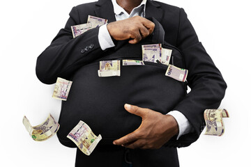 Businessman holding black bag full of 200 Namibian dollar notes isolated on white background, money...