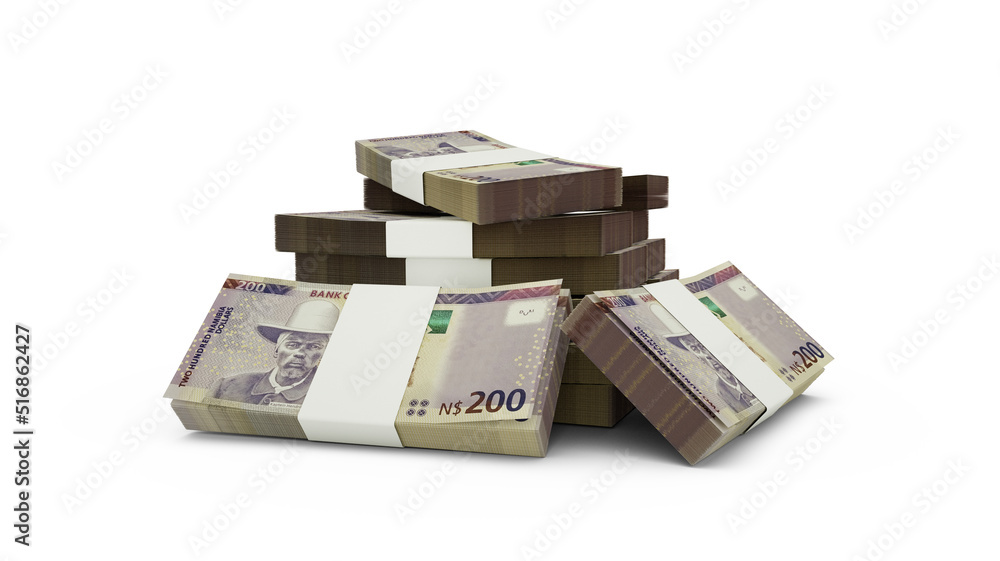 Poster 3d rendering of stack of 200 namibian dollar notes. bundles of namibian currency notes isolated on w