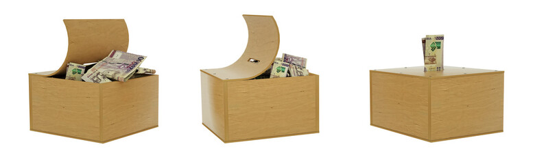 200 Namibian dollar notes inside an open wooden savings box. set of savings concept. Generic Piggy Bank, Penny Bank, Money Box. 3d rendering