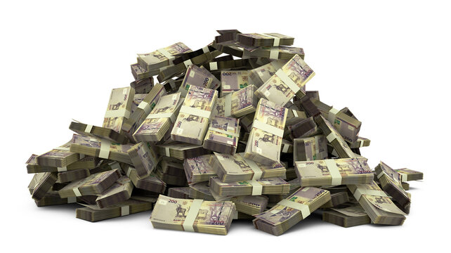 Big pile of 200 Namibian dollar notes a lot of money over white background. 3d rendering of bundles of cash
