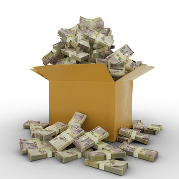3d rendering of cardboard box full of 200 Namibian dollar notes isolated  on a white background