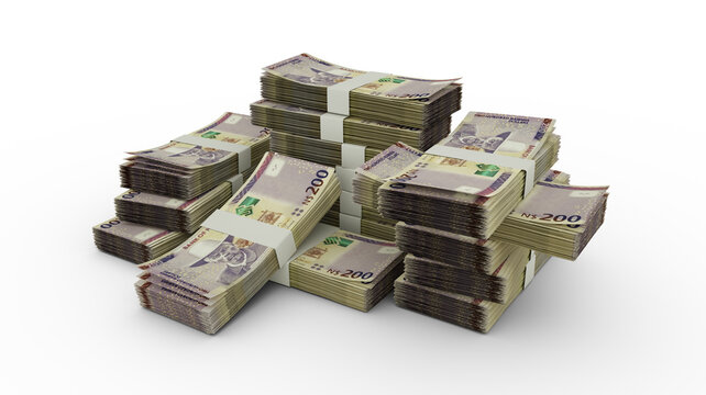Stack of 200 Namibian dollar notes. 3D rendering of bundles of banknotes