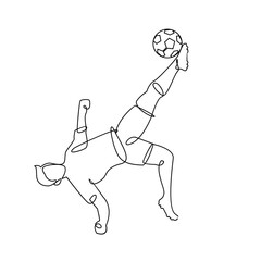 Continuous line drawing. Illustration shows a football player kicks the ball. Soccer. Vector illustration