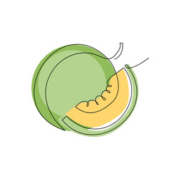 One single line drawing whole and sliced healthy organic fresh melon colorful logo Modern continuous line draw design vector graphic illustration