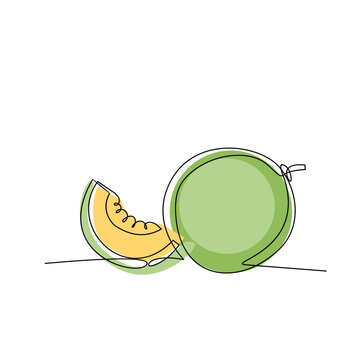 One single line drawing whole and sliced healthy organic fresh melon colorful logo Modern continuous line draw design vector graphic illustration