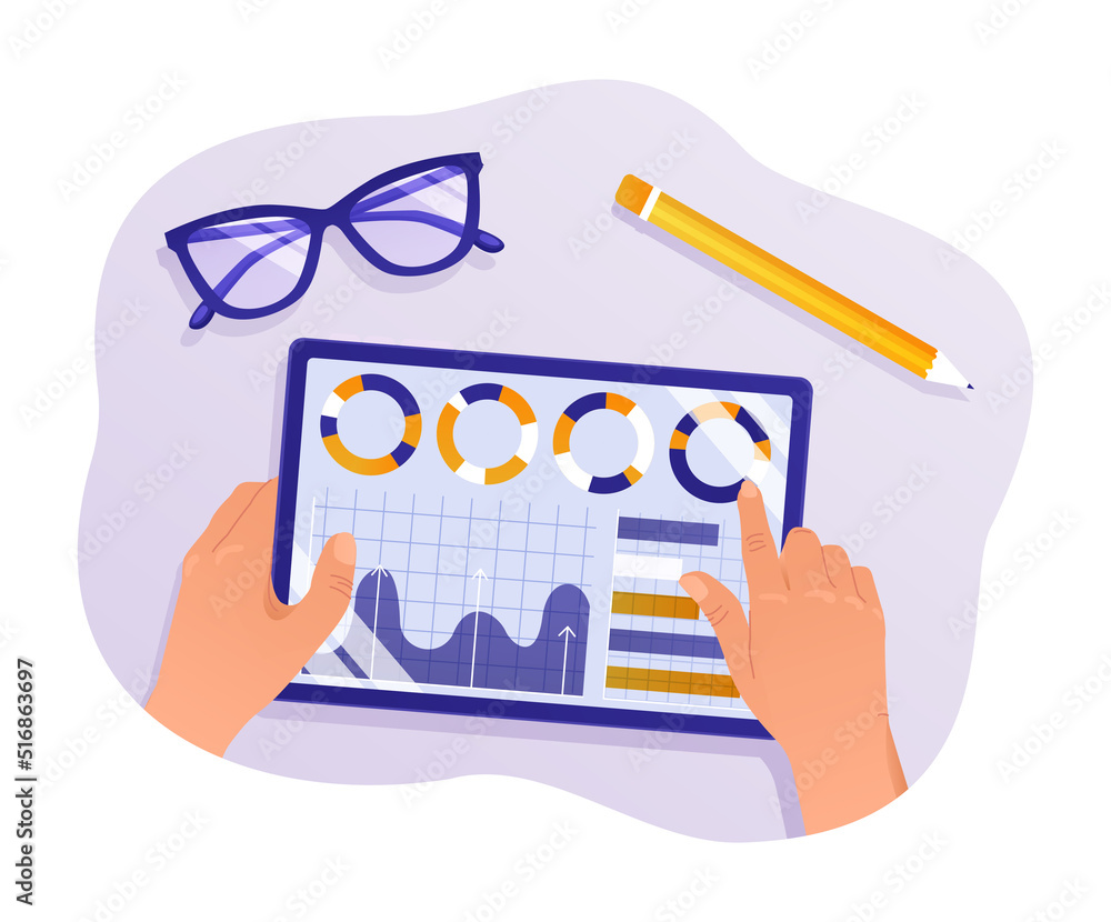 Poster analyst with statistics. character evaluates graphs, diagrams and charts, looks at infographics. est