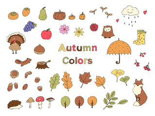 秋のイメージのイラストセット-手描きの線画