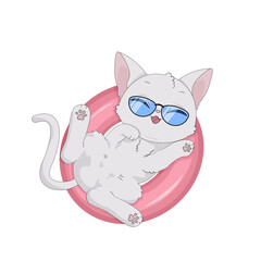 Ręcznie rysowany uroczy mały biały kotek w okularach przeciwsłonecznych. Kot bawiący się w kole do pływania. Wektorowa letnia ilustracja. Słodki, zabawny zwierzak. Obrazki dla dzieci. - obrazy, fototapety, plakaty