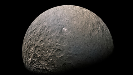 Ceres, a dwarf planet in the asteroid belt between Mars and Jupiter, 3d rendering science illustration.