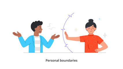 Person protecting personal boundaries concept. Woman shows stop gesture and establishes personal space when communicating and interacting with friends. Cartoon flat vector illustration in doodle style