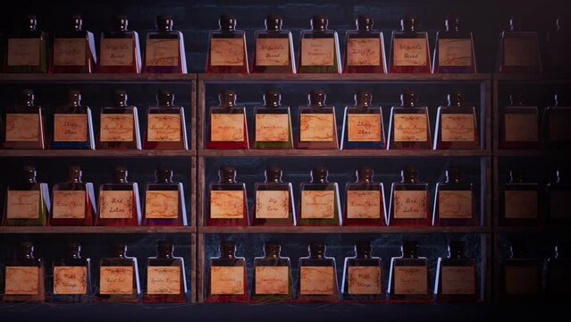 Shelves filled with magic potions in glass bottles. Old witchcraft elixirs.