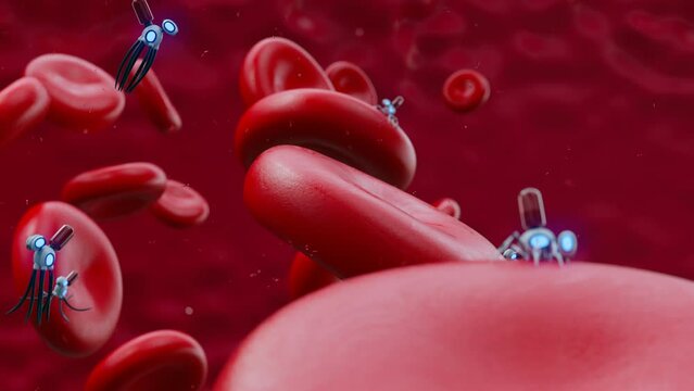 Futuristic concept of nanobots repairing human blood cells.  CGI animation. 4K