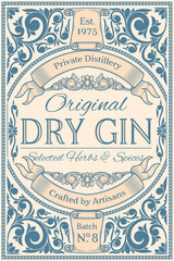 Dry gin - ornate vintage decorative label - obrazy, fototapety, plakaty