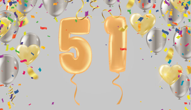 greeting card for fifty one year Happy birthday number 51 in fun art style with party confetti. Anniversary invitation, congratulations or design