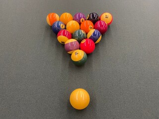 Billiard balls for American billiards. Pool balls. Billiard snooker pyramid. American pool. Pool game on table. Colored pool or billiard balls.